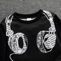 2pcs Kid Boy Headphone Print Black Sweatshirt and Allover Print Pants Set Black image 3
