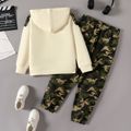 2pcs Kid Boy Camouflage Print Fleece Lined Hoodie Sweatshirt and Elasticized Pants Set LightApricot