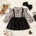 2pcs Baby Girl Leopard Print Ruffle Long-sleeve Spliced Black Faux-two Dress with Headband Set Black image 1