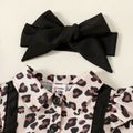 2pcs Baby Girl Leopard Print Ruffle Long-sleeve Spliced Black Faux-two Dress with Headband Set Black image 3