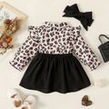 2pcs Baby Girl Leopard Print Ruffle Long-sleeve Spliced Black Faux-two Dress with Headband Set Black image 2