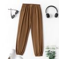 Kid Boy Casual Solid Color Waffle Letter Textured Elasticized Pants Coffee image 3