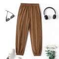 Kid Boy Casual Solid Color Waffle Letter Textured Elasticized Pants Coffee image 1