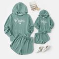 Mommy and Me Heart & Letter Embroidered Long-sleeve Waffle Hoodie with Knot Front Shorts Sets CIGARETTEASH image 1