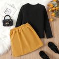 2pcs Kid Girl Ribbed Long-sleeve Black Tee and Bowknot Button Design Skirt Set ColorBlock image 2