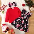Christmas 3pcs Baby Girl 95% Cotton Long-sleeve Tee and Allover Santa & Snowman Print Ruffle Suspender Skirt with Headband Set Red-2 image 2