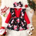 Christmas 3pcs Baby Girl 95% Cotton Long-sleeve Tee and Allover Santa & Snowman Print Ruffle Suspender Skirt with Headband Set Red-2 image 1