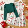 2pcs Kid Girl Christmas Graphic Sleeveless Dress and Green Cardigan Set Green image 3