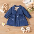 Baby Girl Floral Print Lined Denim Long-sleeve Button Dress Blue image 1
