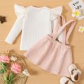 2pcs Baby Girl Solid Rib Knit Ruffle Long-sleeve Top and Button Front Tweed Suspender Skirt Set PinkyWhite image 3