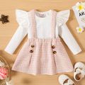 2pcs Baby Girl Solid Rib Knit Ruffle Long-sleeve Top and Button Front Tweed Suspender Skirt Set PinkyWhite image 1