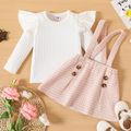 2pcs Baby Girl Solid Rib Knit Ruffle Long-sleeve Top and Button Front Tweed Suspender Skirt Set PinkyWhite image 2