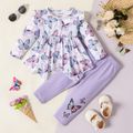 2pcs Baby Girl Allover Butterfly Print Ruffle Long-sleeve Asymmetric Hem Top and Ribbed Leggings Set Purple image 1