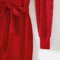 Family Matching Red Lace Long-sleeve Spliced Rib Knit Belted Dresses and Plaid Shirts Sets Red