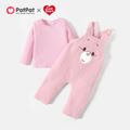 Care Bears 2pcs Baby Girl Long-sleeve Solid Tee and Bear Embroidered Fuzzy Overalls Set Light Pink image 3