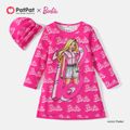 Barbie 2pcs Kid Girl Letter Allover Print Long-sleeve Dress and Cap Set Pink image 2