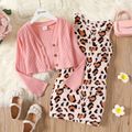 2pcs Kid Girl Leopard Print Sleeveless Fleece Dress and Button Design Cardigan Set Pink image 1