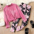 2pcs Kid Girl Tie Knot Stand Collar Velvet Tee and Floral Print Leggings Set Pink image 1