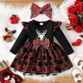 Christmas 2pcs Baby Girl Deer & Letter Print Black Long-sleeve Spliced Plaid Mesh Dress with Headband Set Black image 1