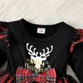 Christmas 2pcs Baby Girl Deer & Letter Print Black Long-sleeve Spliced Plaid Mesh Dress with Headband Set Black image 3