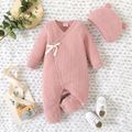 2pcs Baby Boy/Girl Solid Rib Knit Long-sleeve Button Jumpsuit with Hat Set Pink image 1
