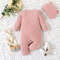 2pcs Baby Boy/Girl Solid Rib Knit Long-sleeve Button Jumpsuit with Hat Set Pink image 3