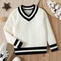 Kid Girl Preppy style Striped V Neck Cable Knit Sweater BlackandWhite