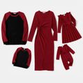 Family Matching Solid Rib Knit V Neck Twist Knot Split Bodycon Dresses and Raglan-sleeve T-shirts Sets MAROON image 1