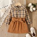 2pcs Toddler Girl Doll Collar Plaid Long-sleeve Blouse and Pocket design Belted Brown Skirt Set Brown