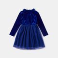 Mommy and Me Blue Velvet Long-sleeve Ruched Bodycon/Mesh Dresses Blue image 5