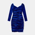 Mommy and Me Blue Velvet Long-sleeve Ruched Bodycon/Mesh Dresses Blue image 2