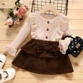 2pcs Toddler Girl Ruffled Button Design Waffle Long-sleeve Tee and Bowknot Decor Skirt Set Brown