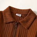 Toddler Girl Lapel Collar Ribbed Zipper Front Long-sleeve Brown Dress Brown