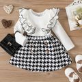 2pcs Baby Girl Rib Knit Layered Ruffle Trim Long-sleeve Top and Double Breasted Houndstooth Skirt Set BlackandWhite image 1