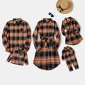 Family Matching Brown Plaid Button Front Shirts and Long-sleeve Belted Dresses Sets Brown image 1