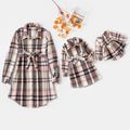 Long-sleeve Button Up Belted Plaid Shirt Dress for Mom and Me Pink