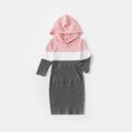 Mommy and Me Colorblock Knitted 3/4 Sleeve Hooded Bodycon Dress Pink image 4