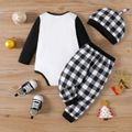 New Year 3pcs Baby Boy/Girl Long-sleeve Graphic Romper and Plaid Pants with Hat Set BlackandWhite image 2