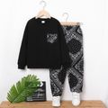 2pcs Kid Boy Pocket Design Black Sweatshirt and Exotic Pants Set Black image 2