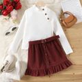 2pcs Kid Girl Mock Neck ButtonDesign White Tee and Ruffle Hem Skirt Set White image 2