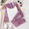 2pcs Kid Girl Butterfly Print Velvet Splice Hoodie Sweatshirt and Purple Pants Set Purple image 2
