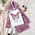 2pcs Kid Girl Butterfly Print Velvet Splice Hoodie Sweatshirt and Purple Pants Set Purple image 1
