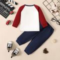 2pcs Baby Boy Vehicle Print Colorblock Raglan-sleeve Sweatshirt and Sweatpants Set WineRed image 2