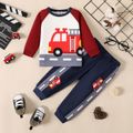 2pcs Baby Boy Vehicle Print Colorblock Raglan-sleeve Sweatshirt and Sweatpants Set WineRed image 1