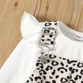 2pcs Toddler Girl Ruffled Ribbed Long-sleeve White Tee and Leopard Print Adjustable Overall Dress Set Apricot image 4