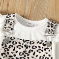 2pcs Toddler Girl Ruffled Ribbed Long-sleeve White Tee and Leopard Print Adjustable Overall Dress Set Apricot image 3
