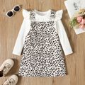 2pcs Toddler Girl Ruffled Ribbed Long-sleeve White Tee and Leopard Print Adjustable Overall Dress Set Apricot image 1