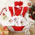Christmas 2pcs Baby Girl Snowman Print Bow Front Spliced Red Flutter-sleeve Romper with Headband Set REDWHITE image 1