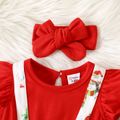 Christmas 2pcs Baby Girl Snowman Print Bow Front Spliced Red Flutter-sleeve Romper with Headband Set REDWHITE image 3