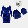 Mommy and Me Blue Velvet Long-sleeve Ruched Bodycon/Mesh Dresses Blue image 1